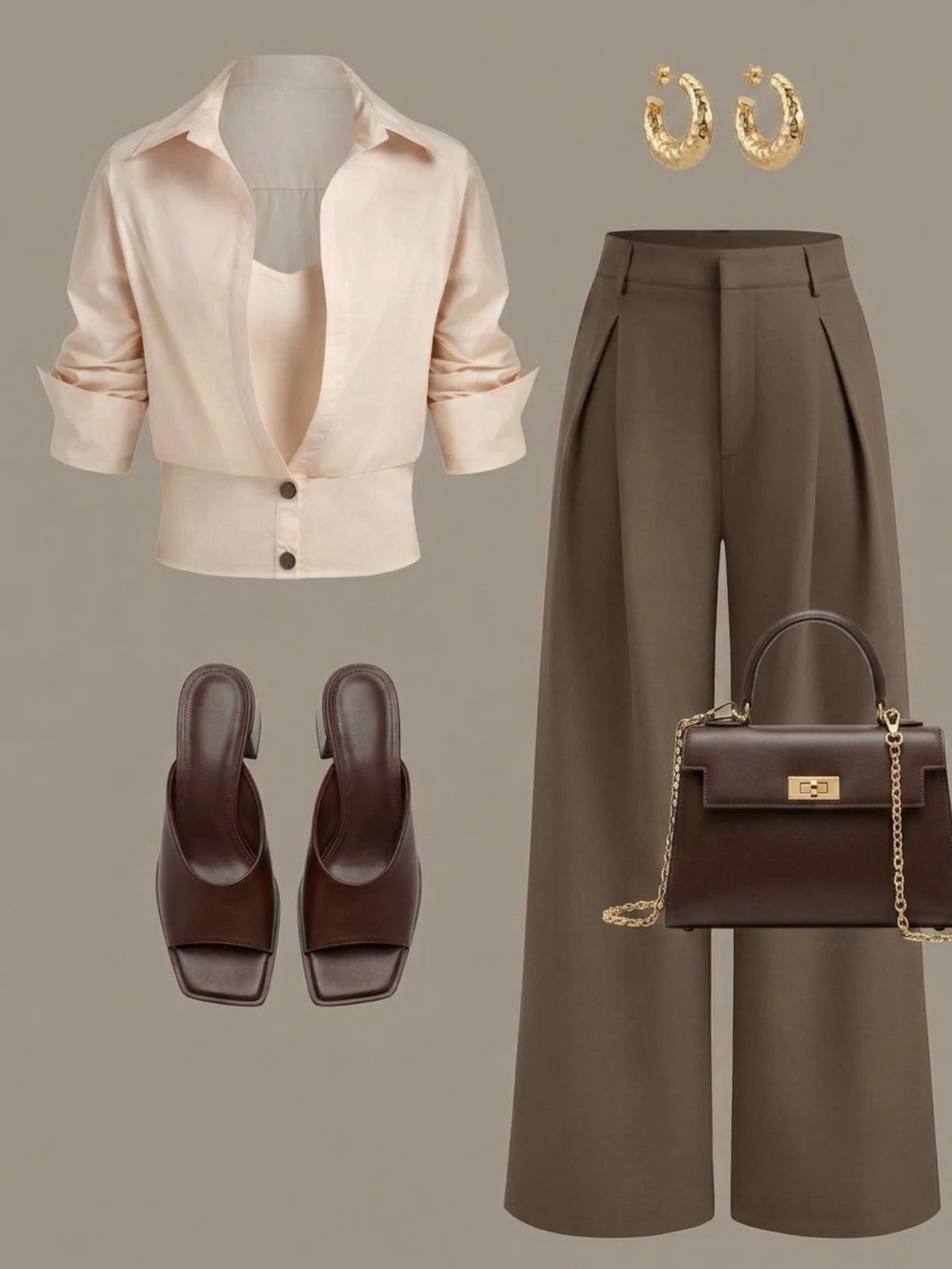 Women's Cropped Button Front Shirt And Wide Leg Trousers Set