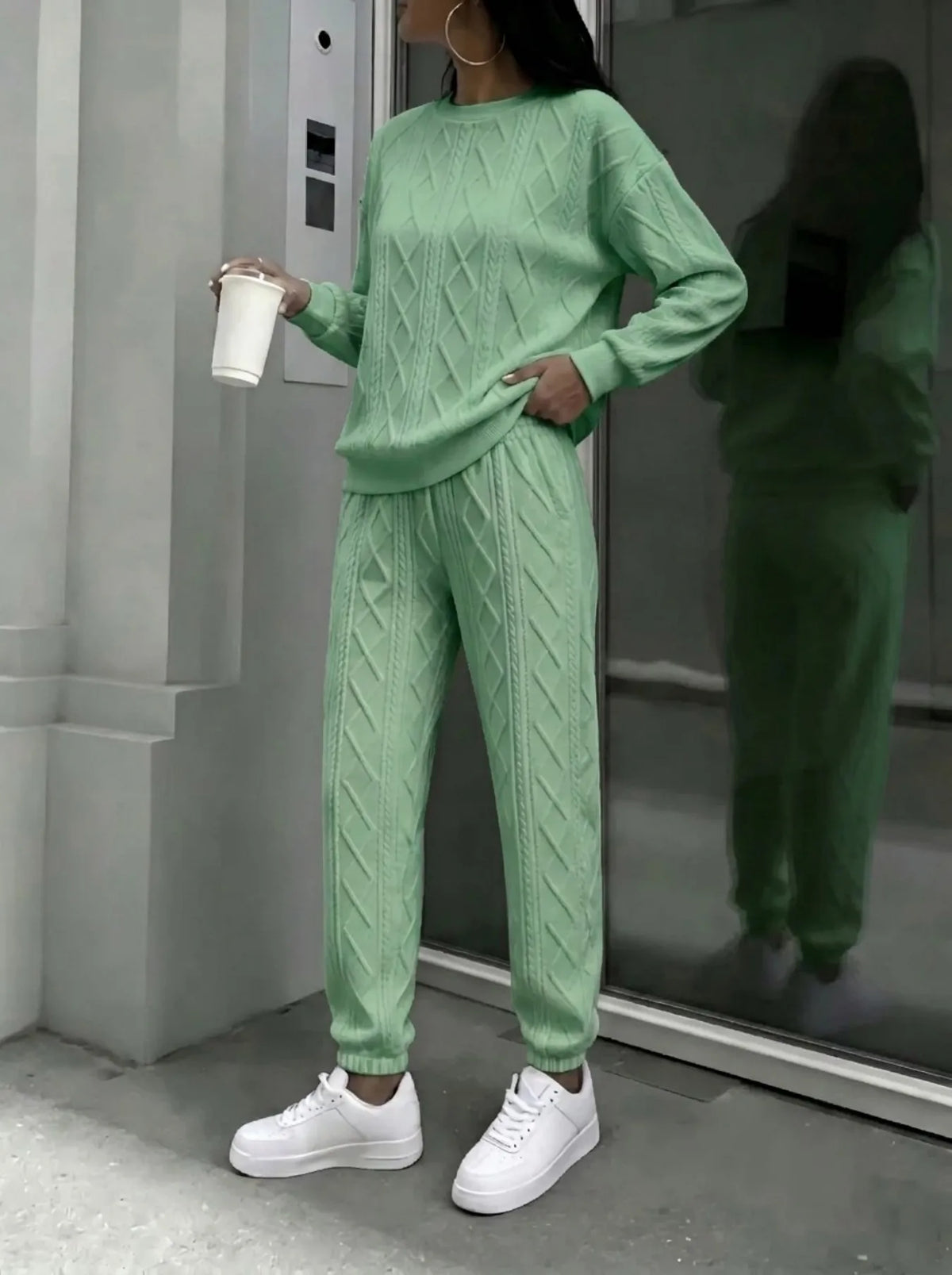 Women Cable Knit Crewneck Sweater And Jogger Pants Set