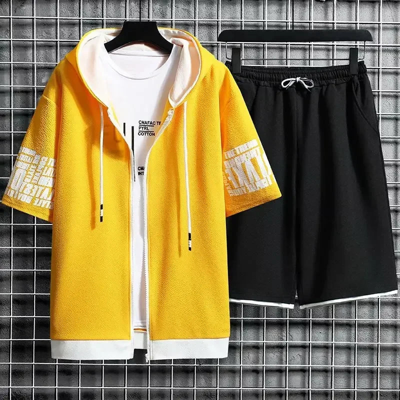 XMSFTD Summer Men's 2 Piece Quick Dry Hooded Sports Set