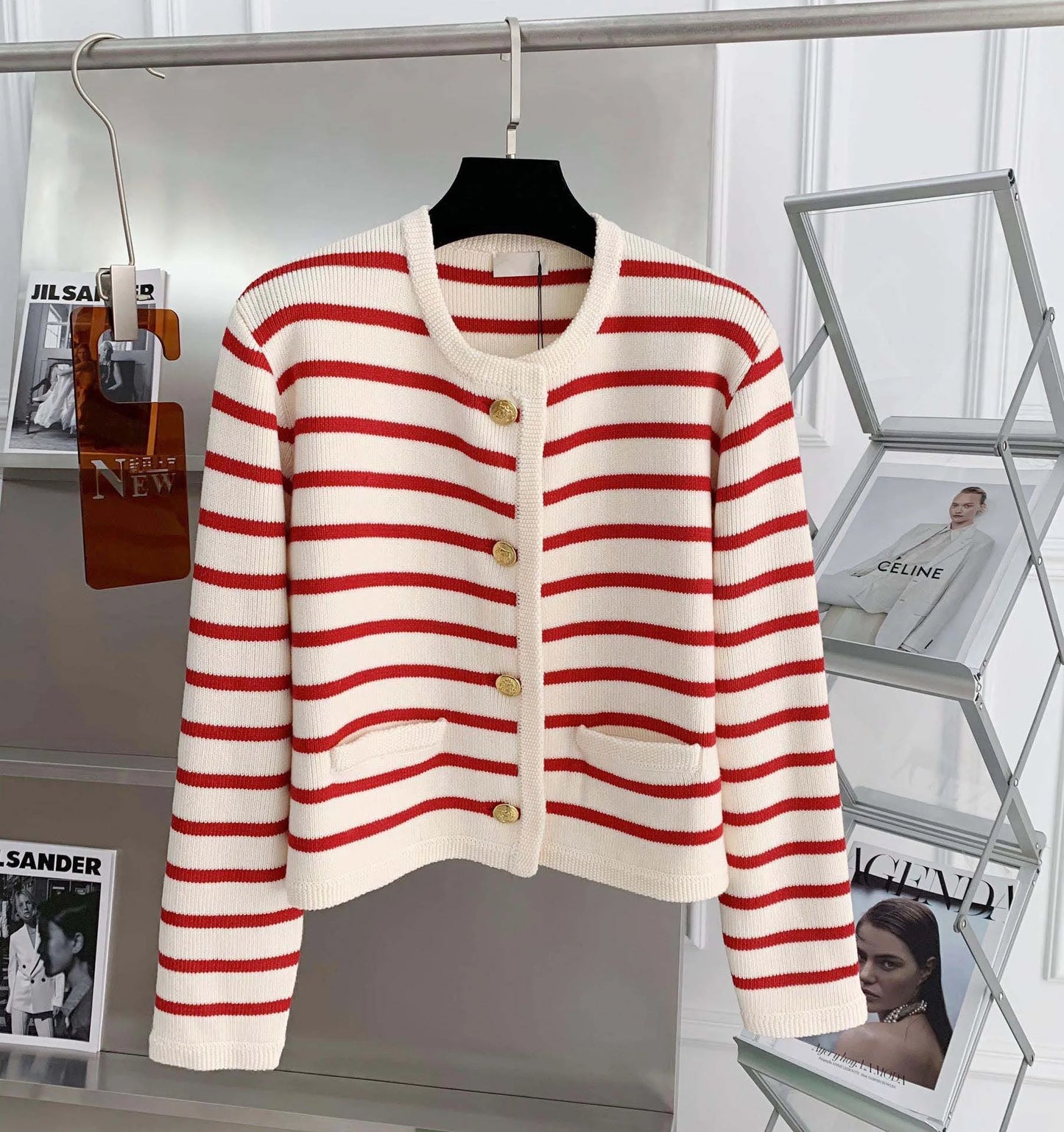 Linglsix Women Stripe Knitted Cardigan O Neck Long Sleeve