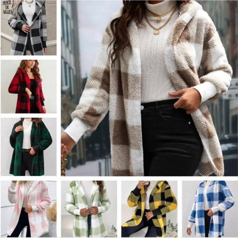 Women's Plaid Fleece Hooded Cardigan Jacket With Patchwork Design