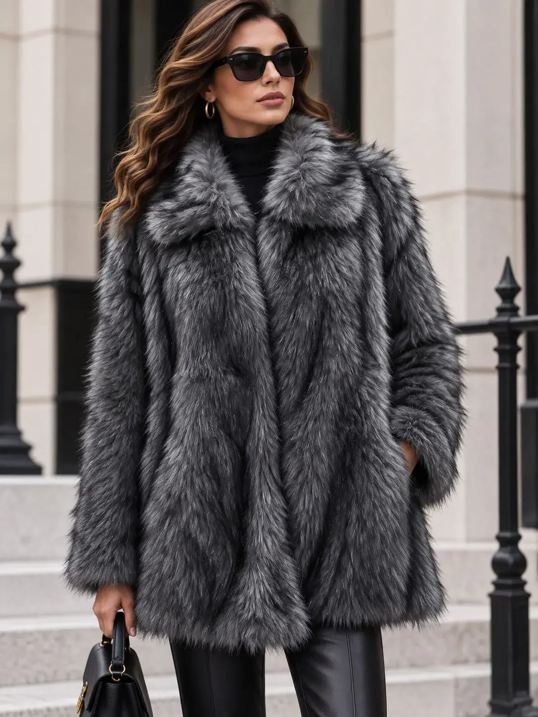 Women's Elegant Faux Fur Lapel Coat With Plush Warmth