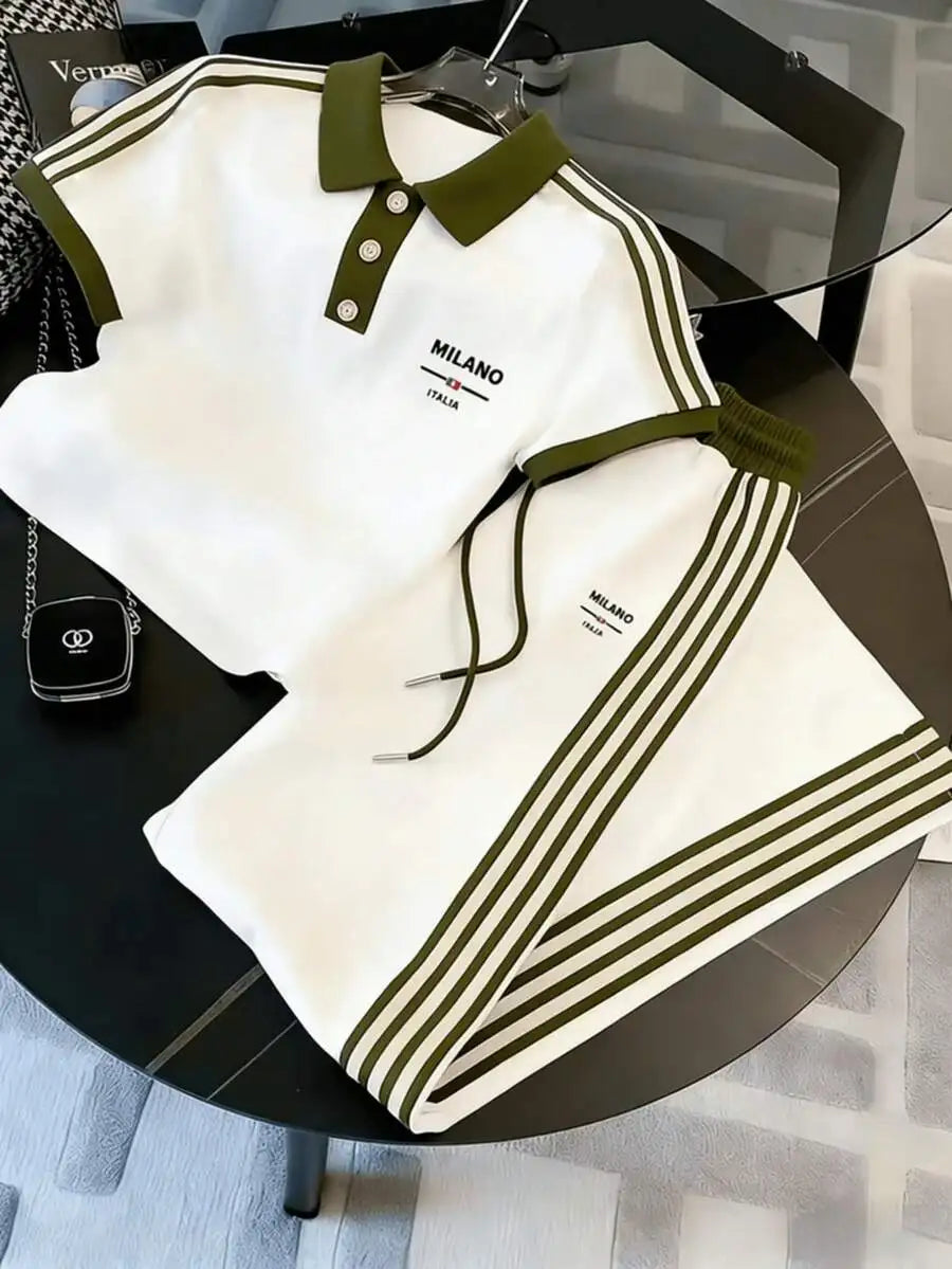 Mens Striped Polo Co-ords Set Casual Knit Cuban Collar Ensemble