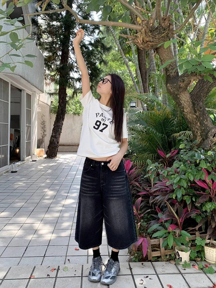 Linglsix High Waist Denim Shorts Loose Fit Harajuku Streetwear