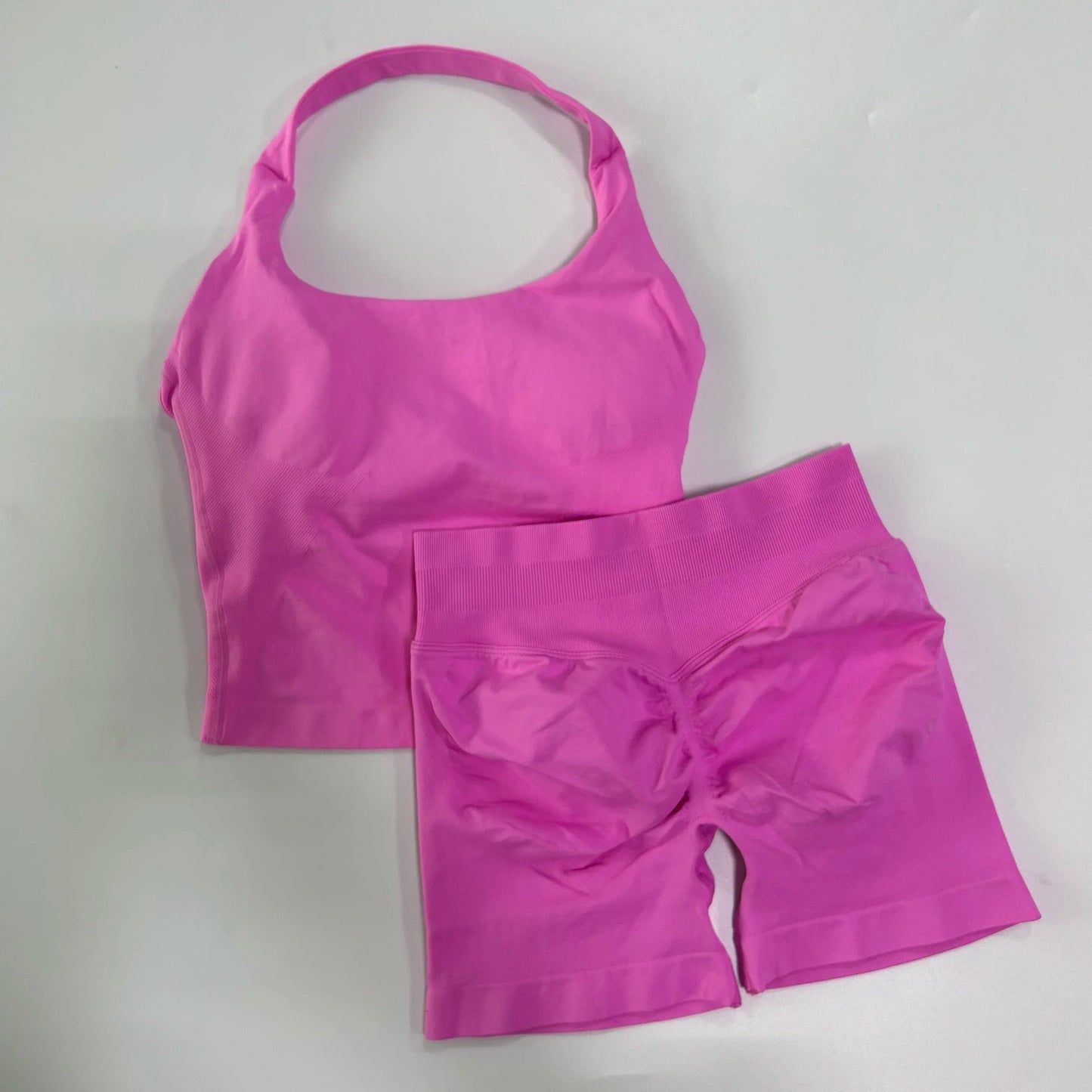 Yoga 2 Piece Seamless Backless Halter With High Waist Shorts