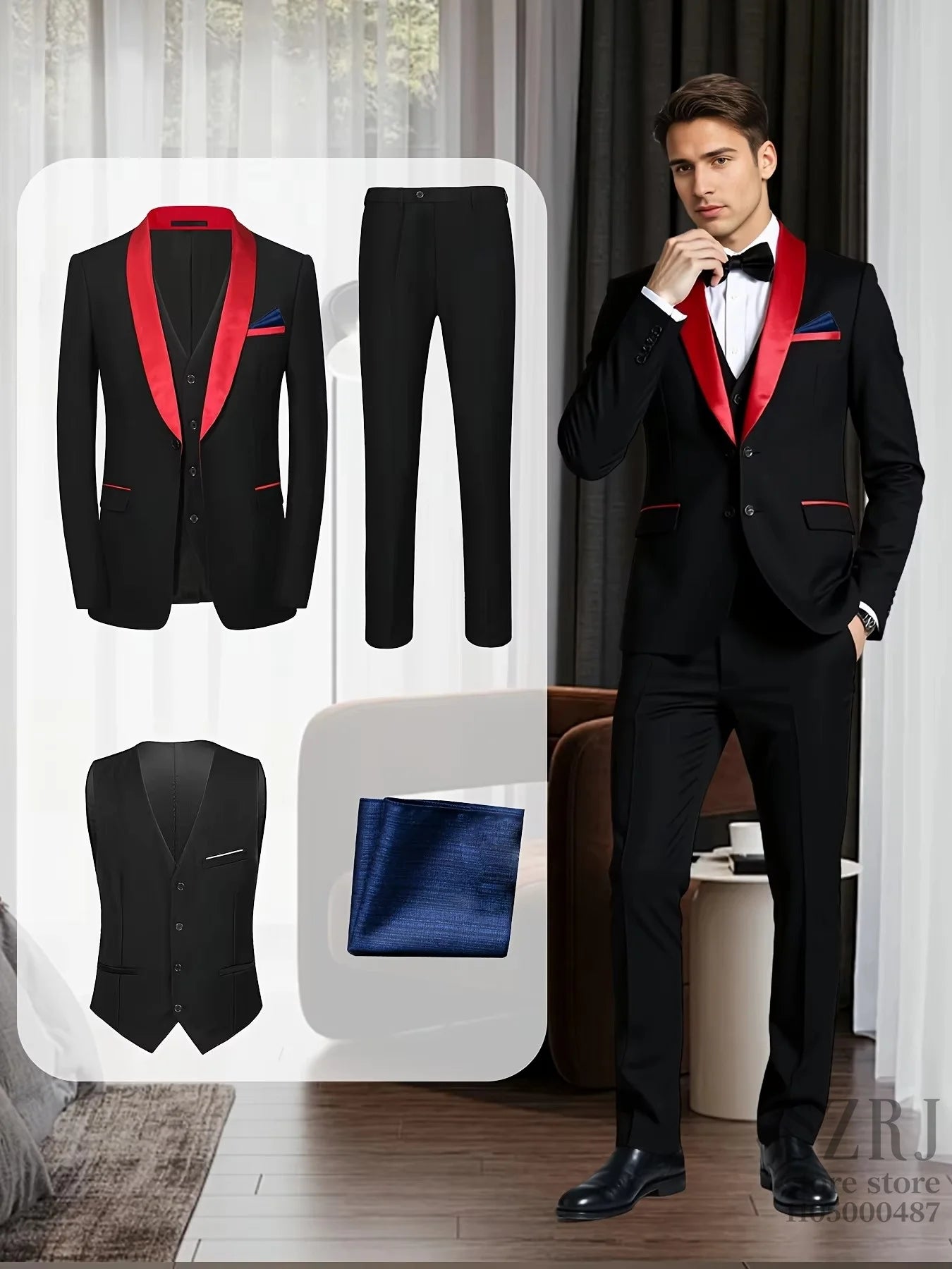 Mens Tuxedo 4 Piece Suit Jacket Vest Pants Pocket Square
