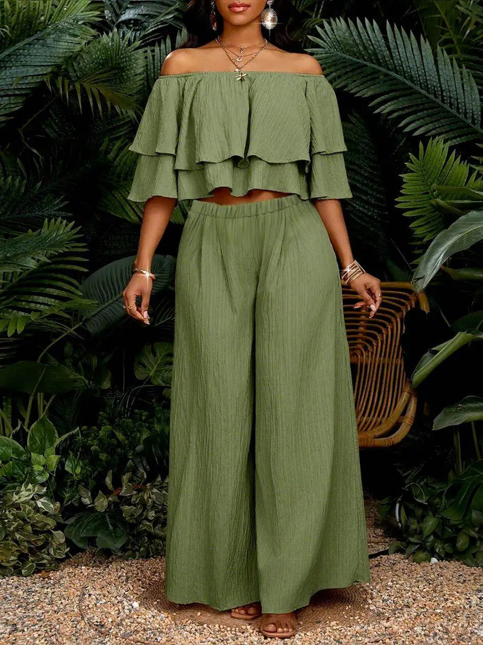 Womens Off Shoulder Ruffle Crop Top Wide Leg Pants Set