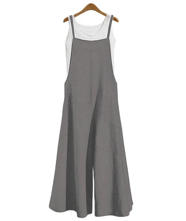 Women Cotton Blend Jumpsuit Sleeveless Wide Leg Dungaree Overalls