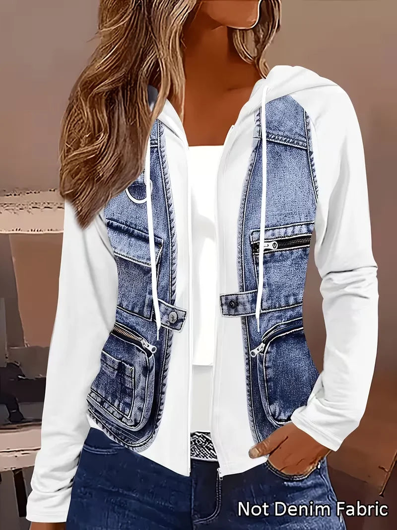 Womens Hooded Zip Up Jacket With Faux Denim Patchwork Design
