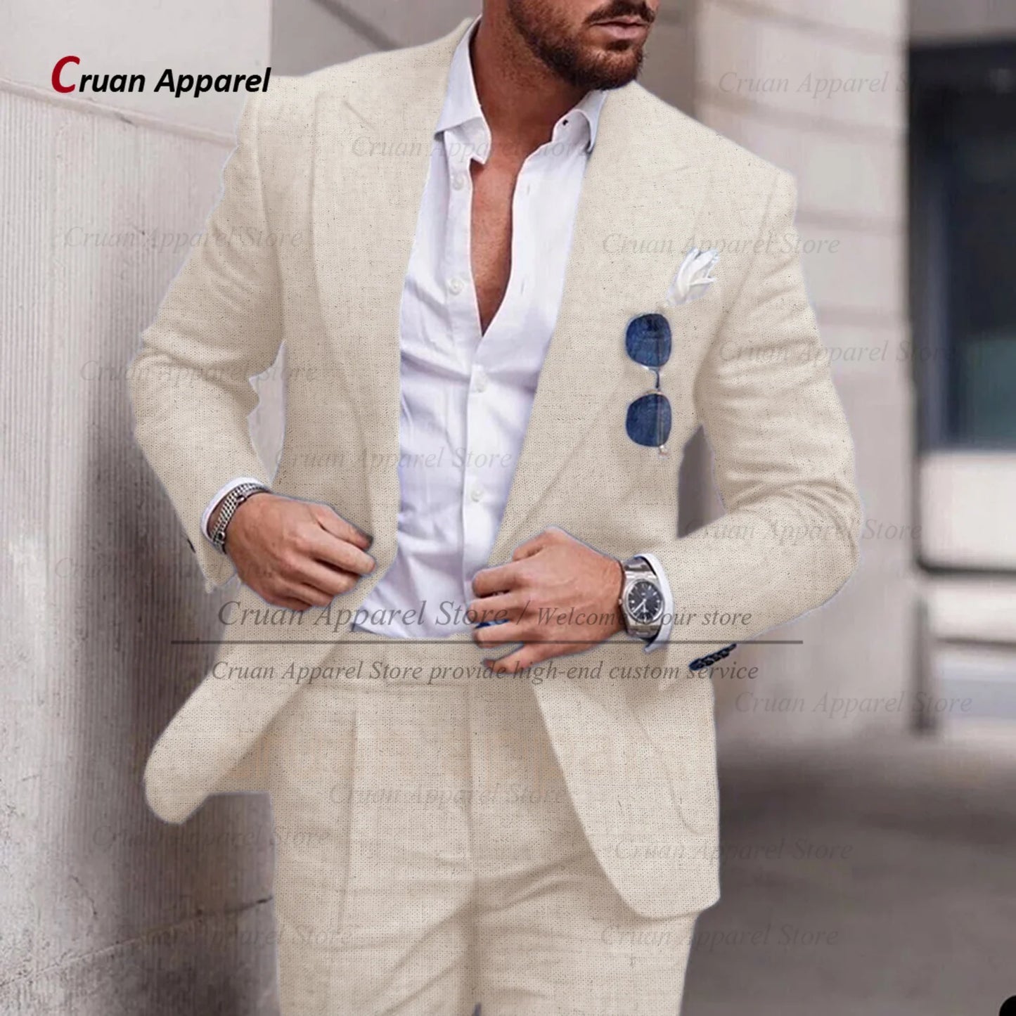 Men's Linen Suit Set With Peaked Lapel Blazer Pants
