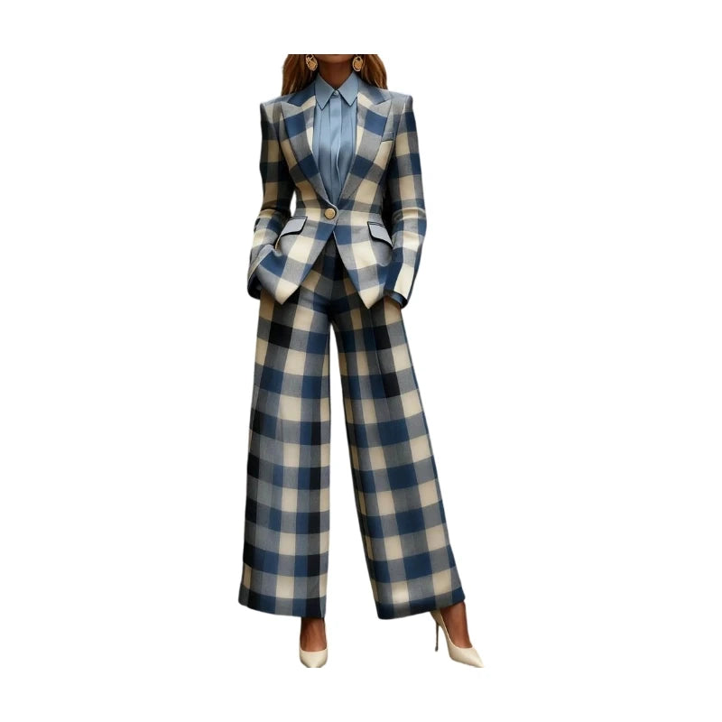 Plaid Print Womens Blazer And Wide Leg Pants Business Suit