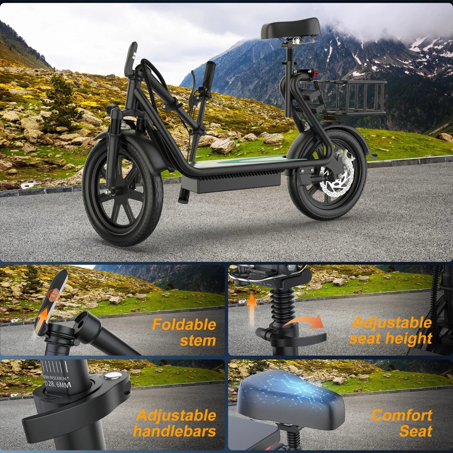 Electric Scooter With Seat For Adults 500W Motor 48V Battery Up To 28 Miles