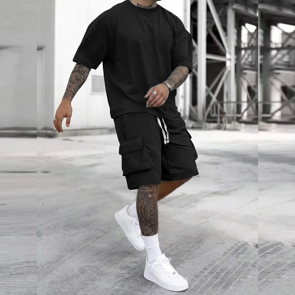 Mens Multi Pocket Cargo Pants And Short Sleeve Tee Set