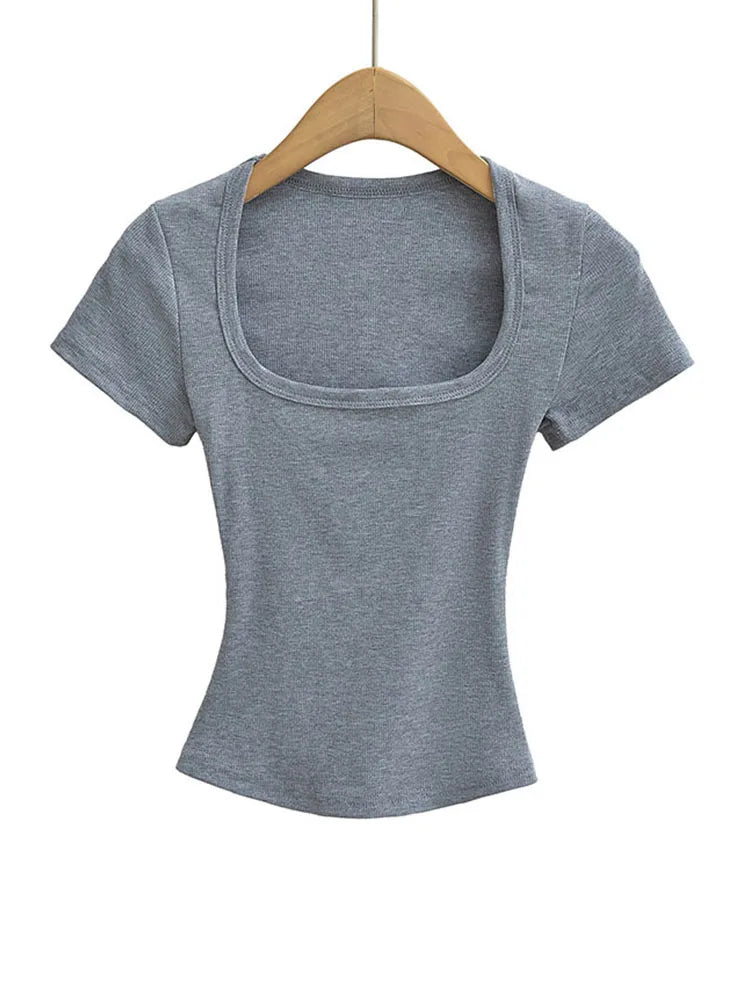 Dozw Square Collar High Stretch Summer Crop Top For Women Slim Fit Short Sleeve