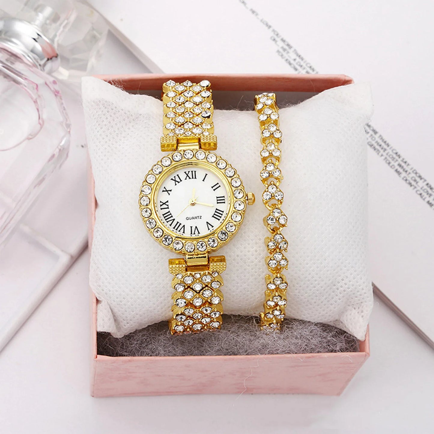 Crystal Diamond Women Watches Set Two Piece Rhinestone Bracelet Gift