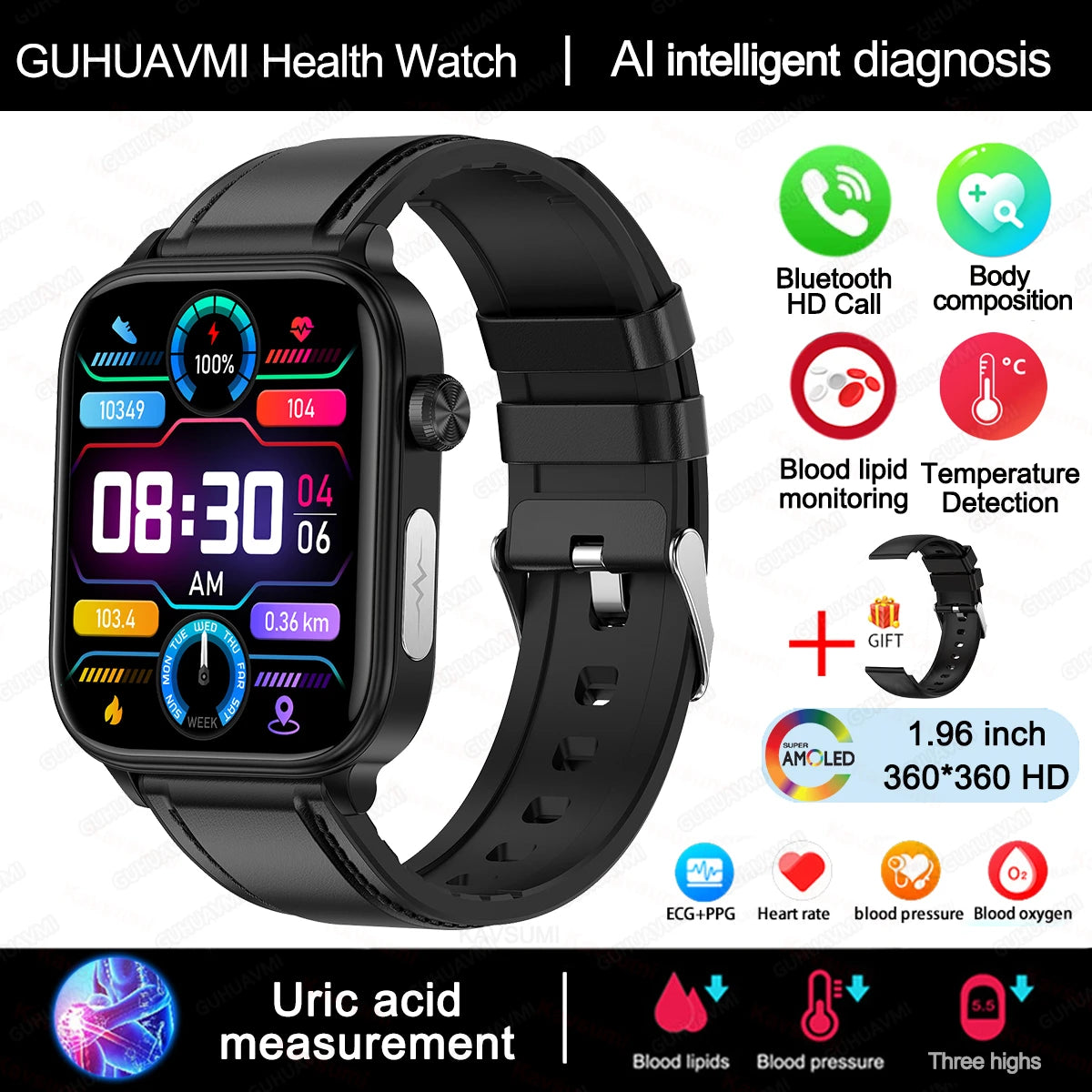 ECG PPG Smart Watch Health Tracker Blood Pressure Lipids