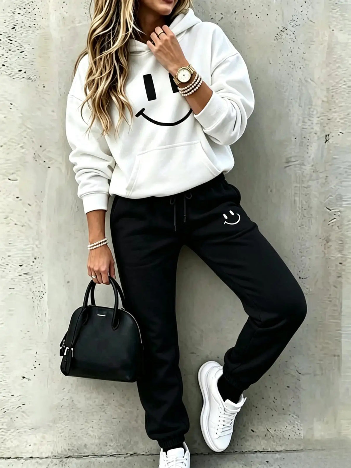Women Smile Face Casual Hoodie And Jogger Tracksuit Set