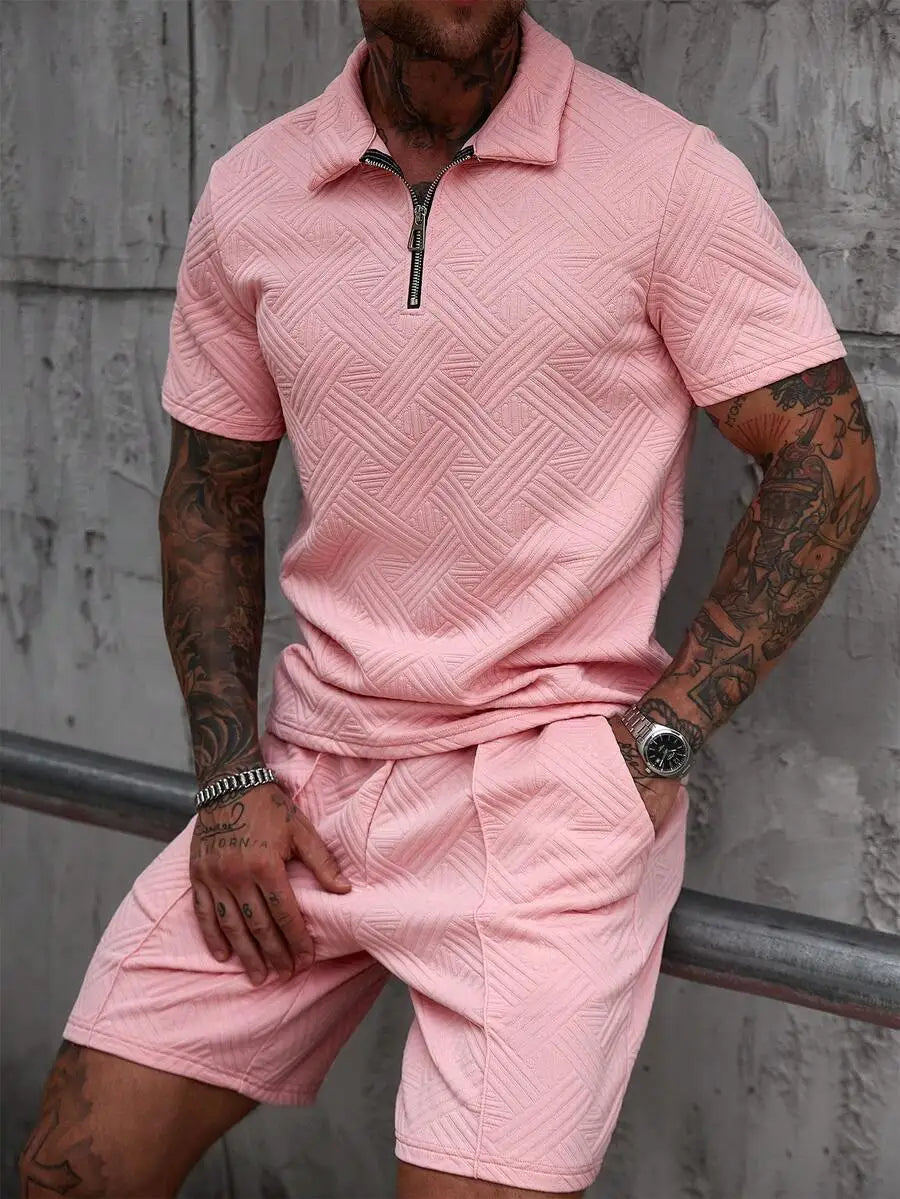 Mens 3D Textured Zipper Polo Casual Two Piece Summer Outfit