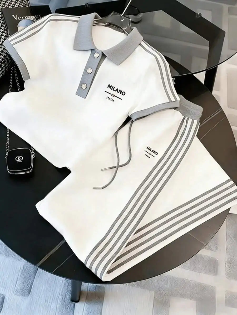 Mens Striped Polo Co-ords Set Casual Knit Cuban Collar Ensemble
