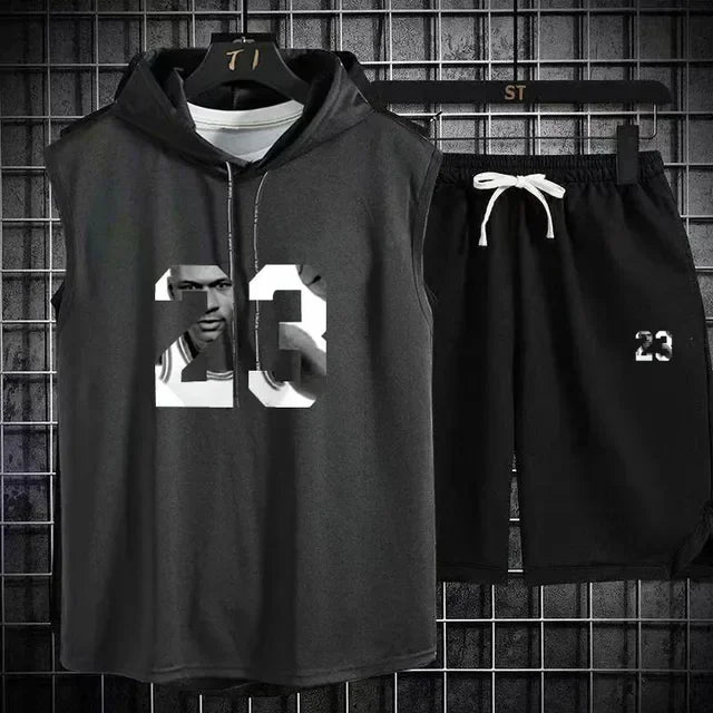 Summer Mens Sleeveless Hooded T Shirt And Shorts Set
