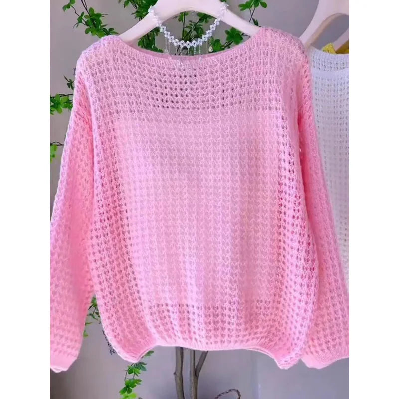 Women Thin Hollow Long Sleeve Knitted Sweater Spring Summer Top