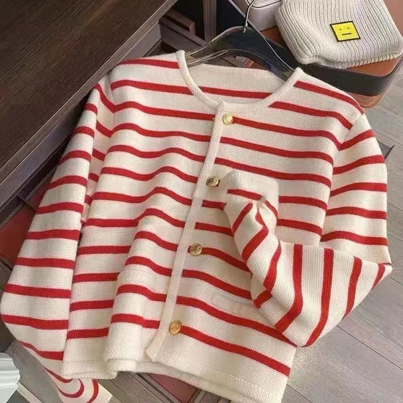 Linglsix Women Stripe Knitted Cardigan O Neck Long Sleeve