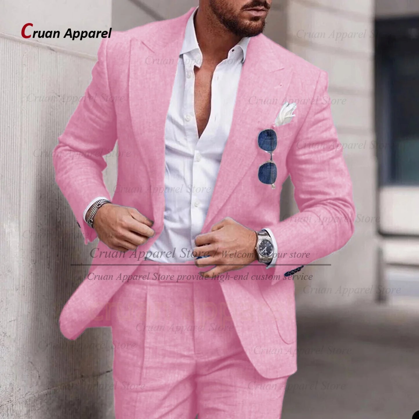 Men's Linen Suit Set With Peaked Lapel Blazer Pants