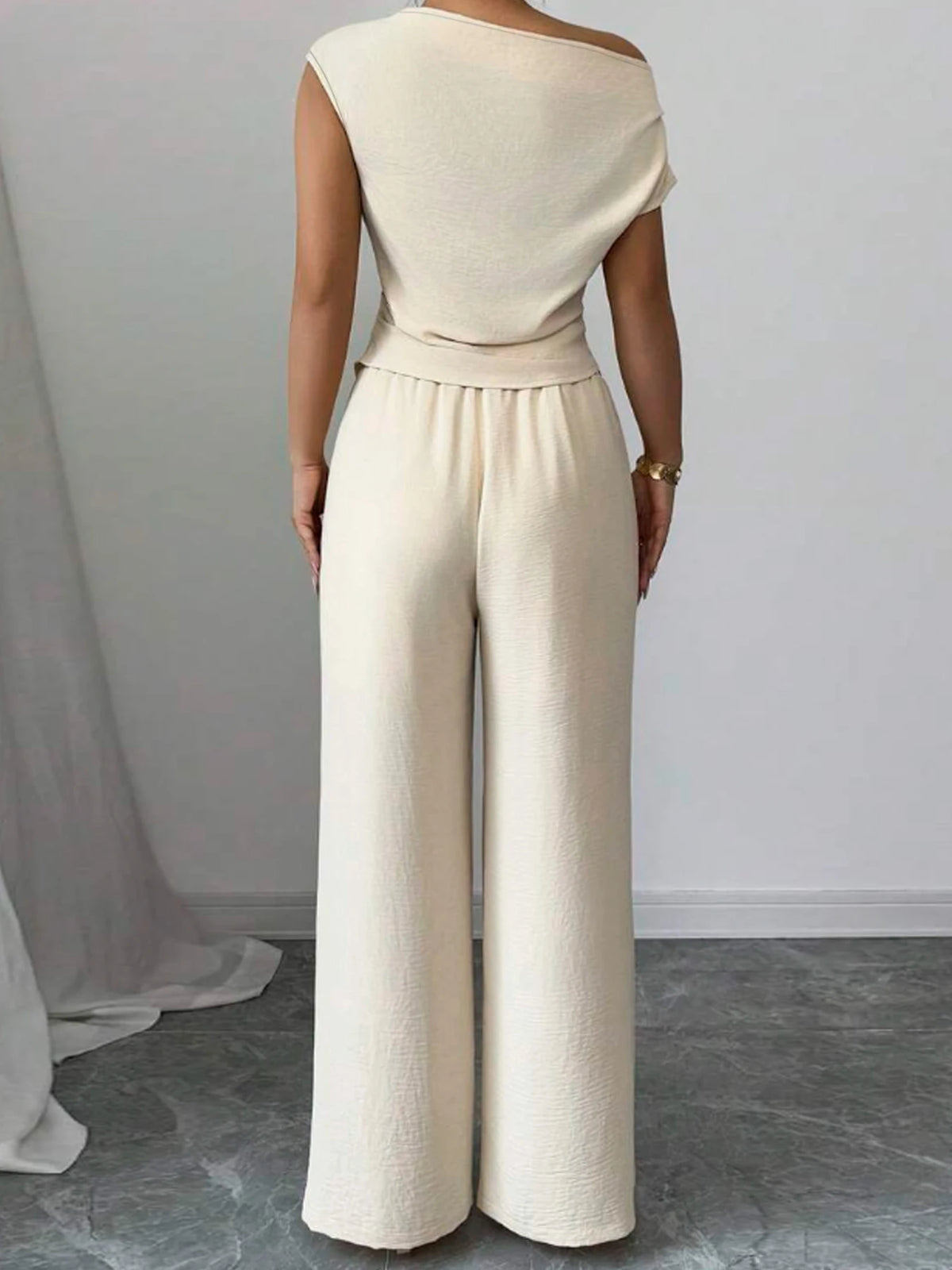 Ladies Asymmetric Top And Wide Leg Pants Two Piece Set
