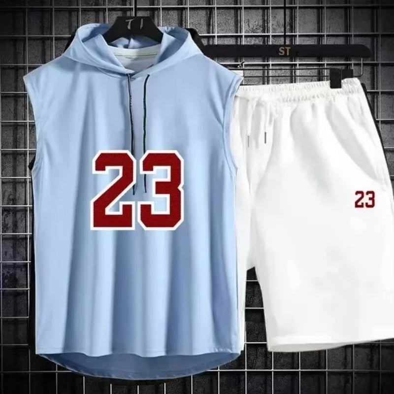Summer Mens Sleeveless Hooded T Shirt And Shorts Set