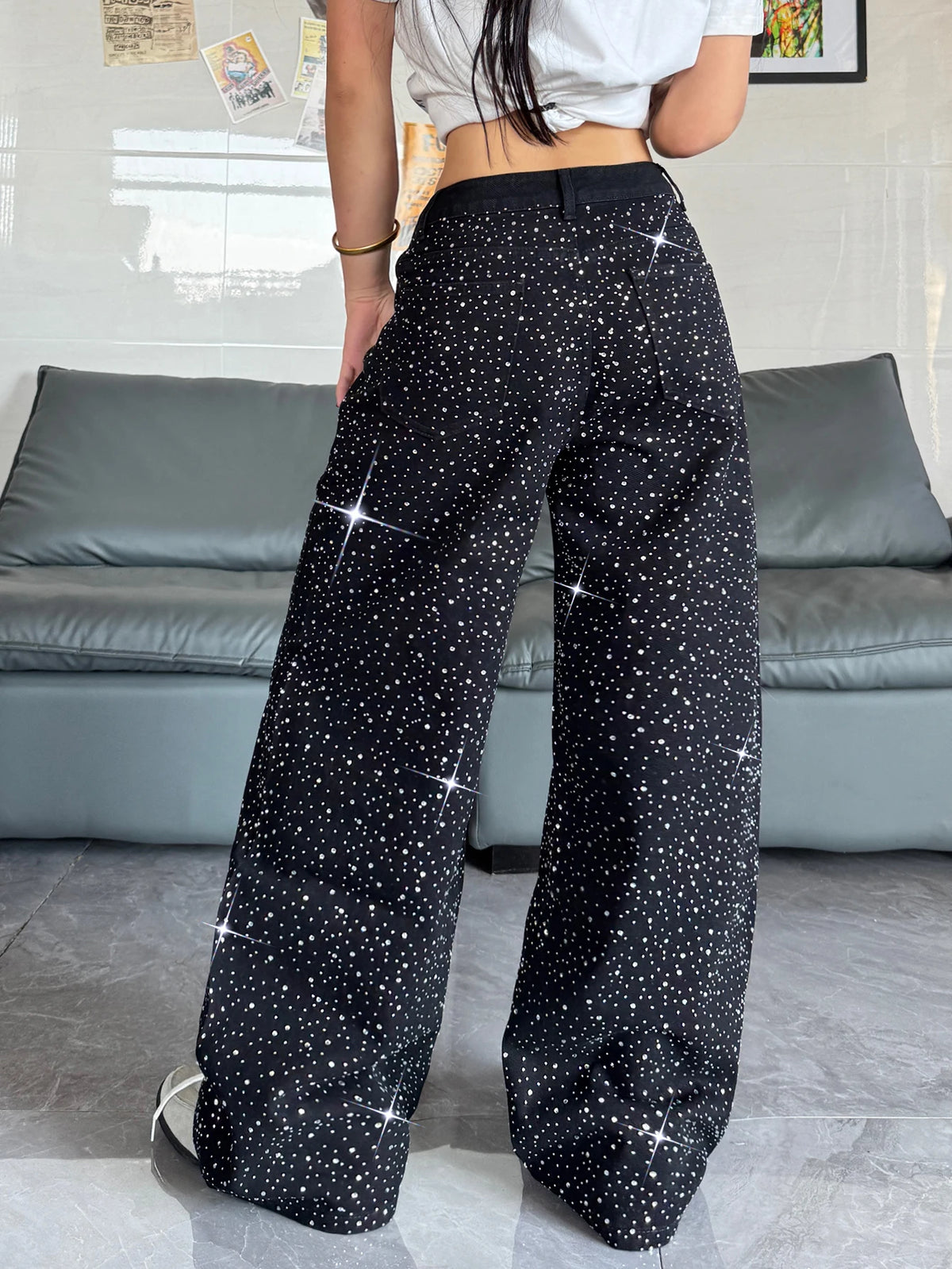 Women's Retro Washed Embroidered Wide-Leg High-Waisted Denim Jeans