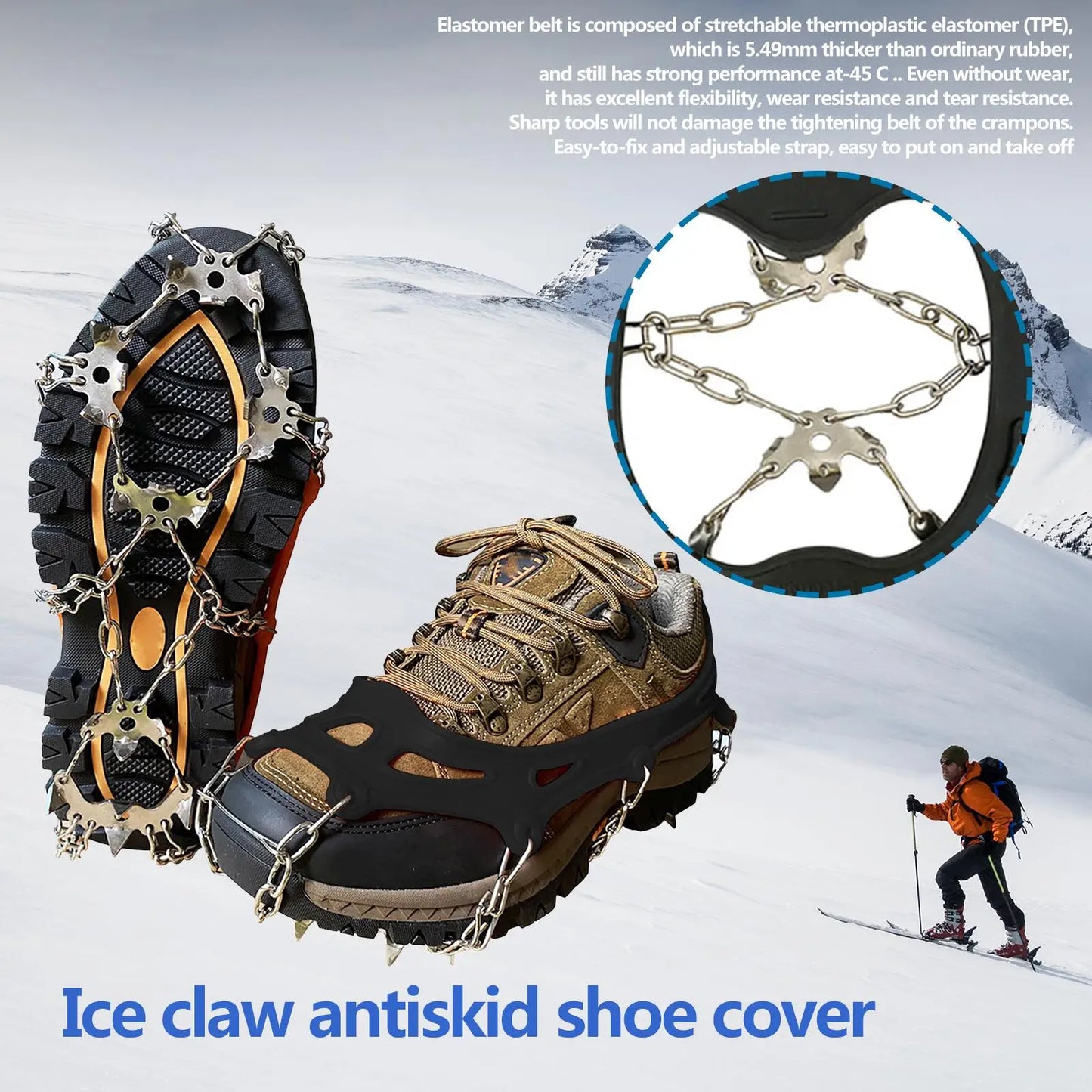 1/2Pair 19 Teeth Snow Spikes Crampons Anti Slip Ice Gripper Cleats Chain Claws for Hiking Climbing Fishing Walking Boots Cover ﻿