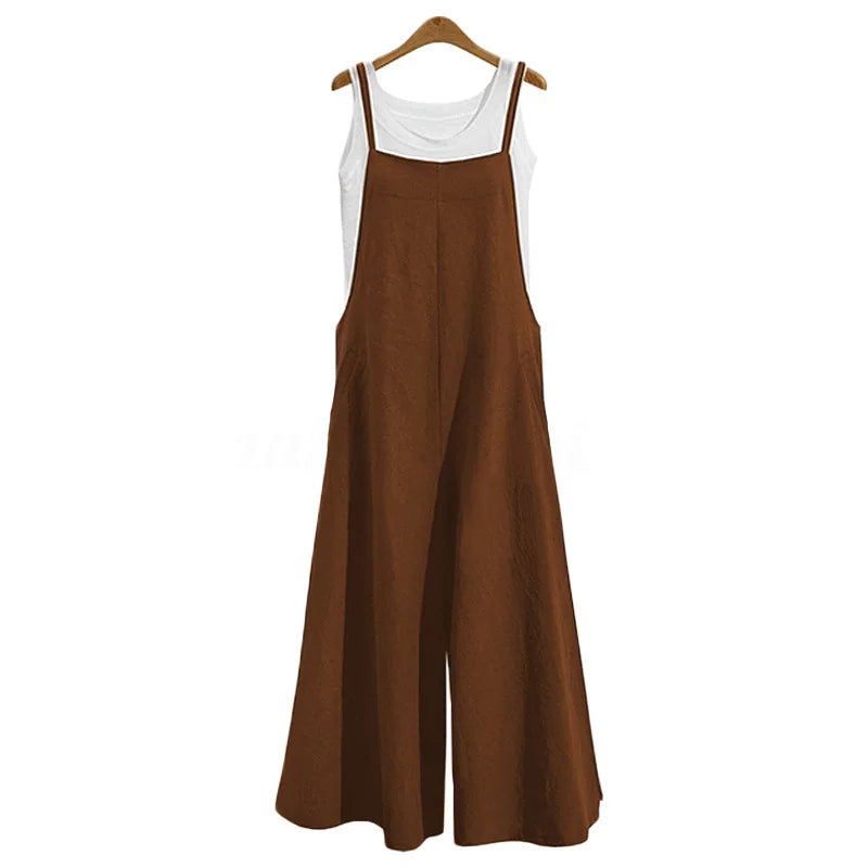 Women Cotton Blend Jumpsuit Sleeveless Wide Leg Dungaree Overalls