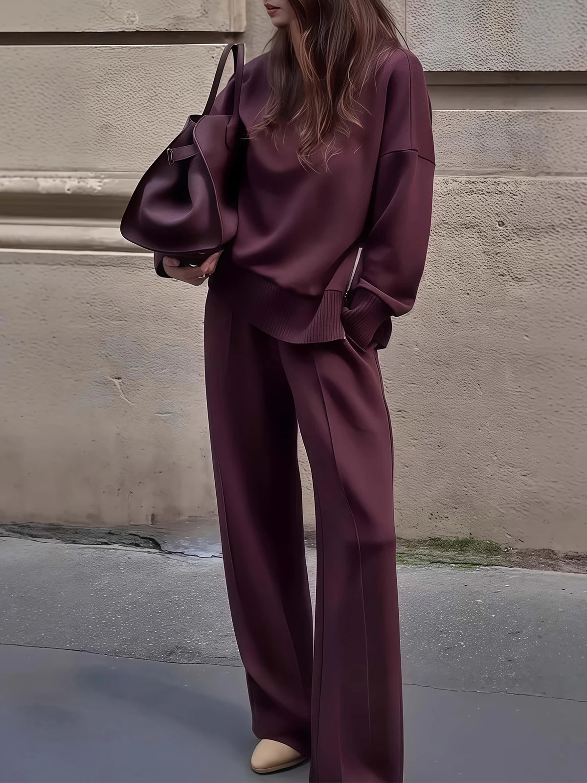 Women's Velvet Two Piece Suit With Turtleneck Sweatshirt And Wide Leg Pants