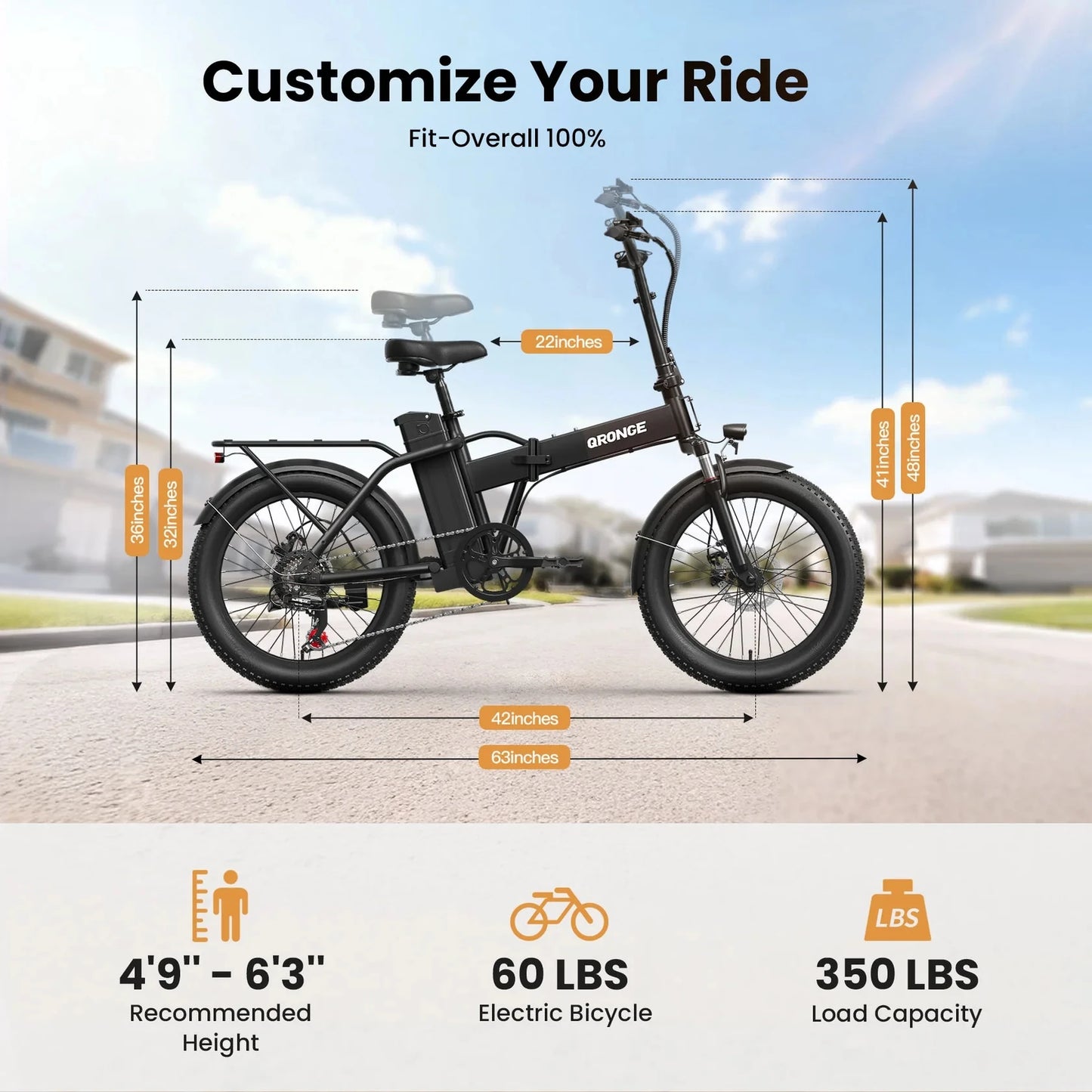 QRONGE Waterfall Folding Electric Bike 1000W Peak 48V Removable Battery