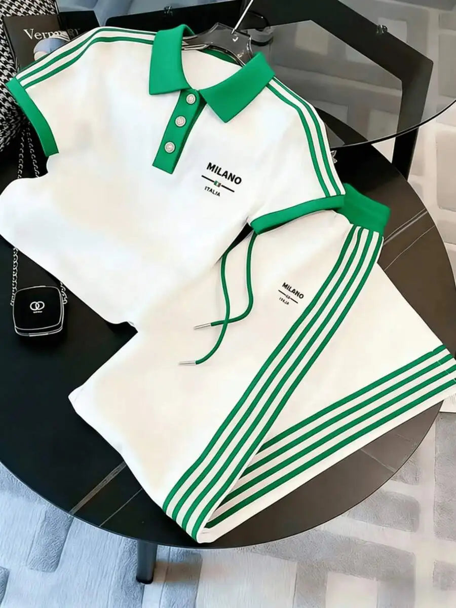 Mens Striped Polo Co-ords Set Casual Knit Cuban Collar Ensemble