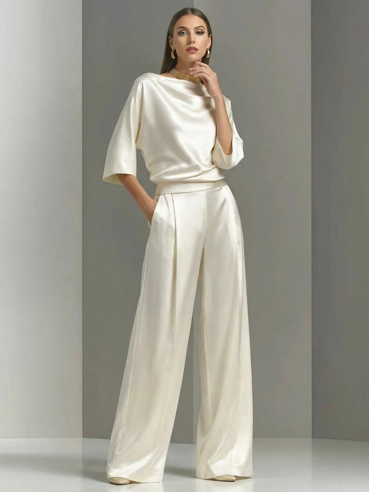 Women Cowl Neck Top With Matching Wide Leg Pants Outfit