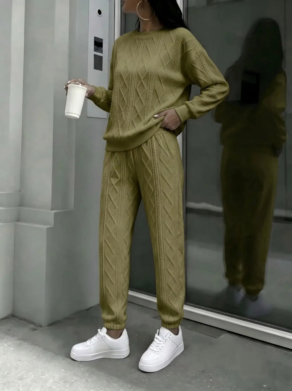Women Cable Knit Crewneck Sweater And Jogger Pants Set
