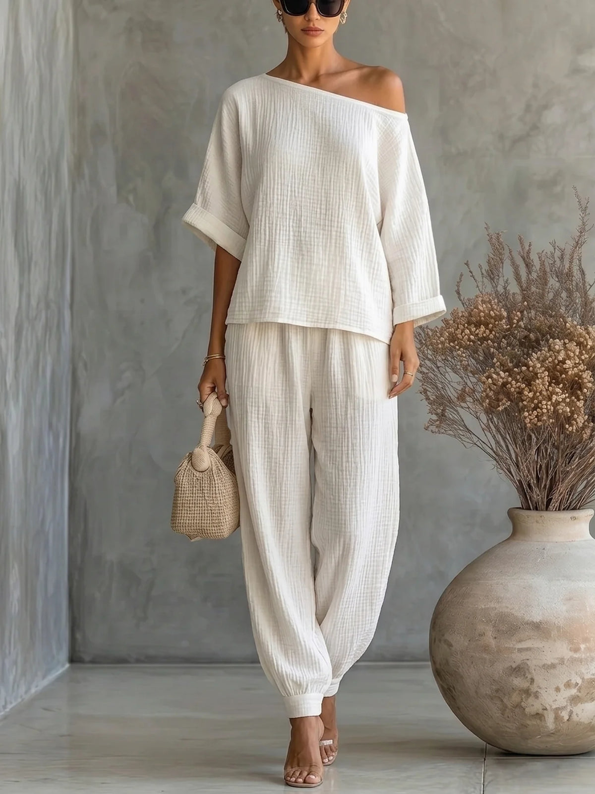 Women's Off Shoulder Textured Two Piece Top And Jogger Suit