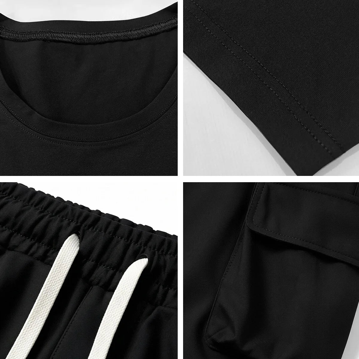 Mens Multi Pocket Cargo Pants And Short Sleeve Tee Set