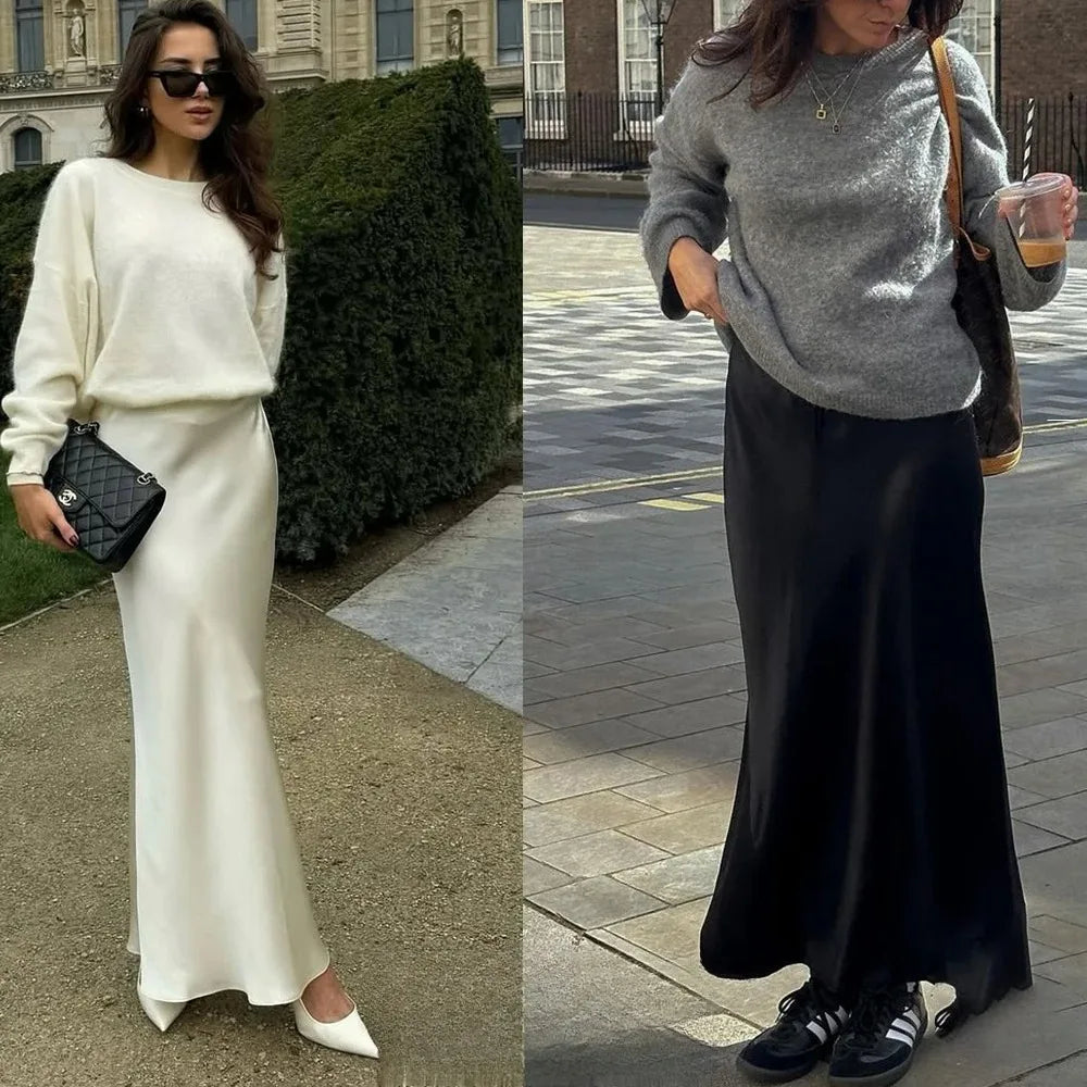 KONDALA Vintage Satin Skirt Women High Waist Elegant Silky