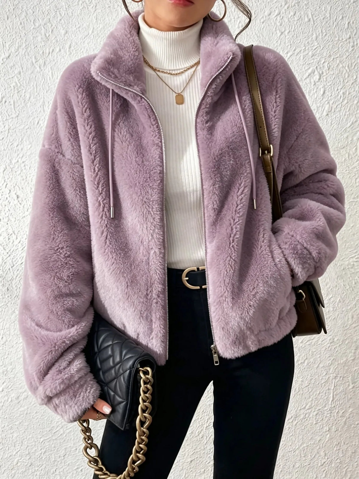 Women's Fuzzy Fleece Zip Up Jacket Loose Winter Plush Coat