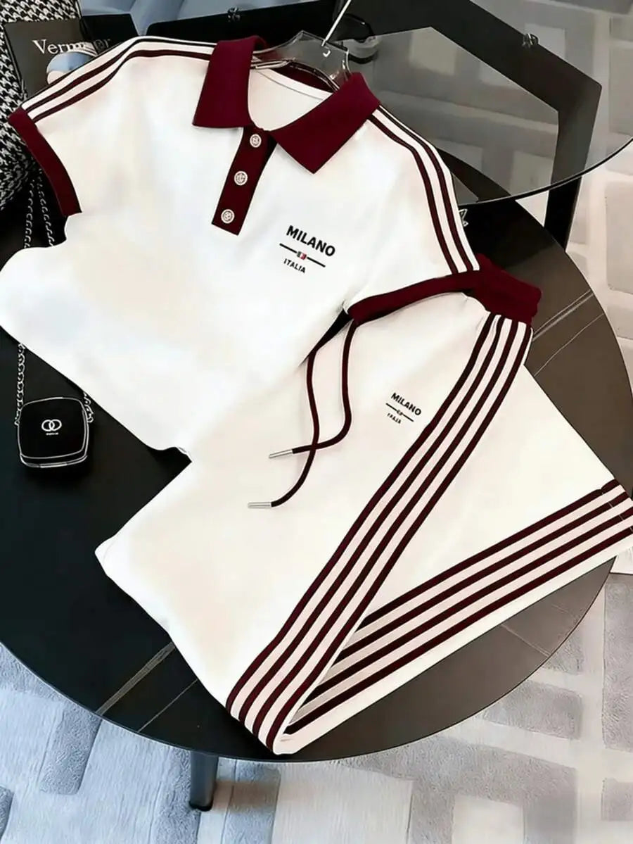 Mens Striped Polo Co-ords Set Casual Knit Cuban Collar Ensemble