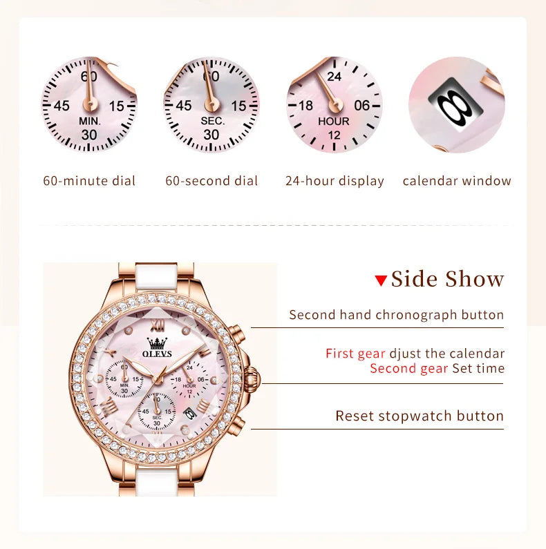 OLEVS Women Chronograph Ceramic Watch Waterproof Elegant Dress