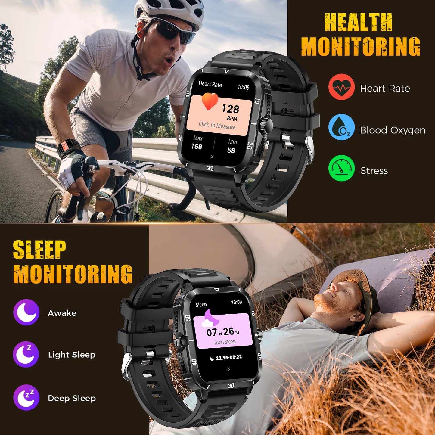 LaNikar Smart Watch 3ATM Waterproof Men 1.96" KT71 Fitness Tracker Heart Rate Bluetooth Call Camouflage Color Original Design