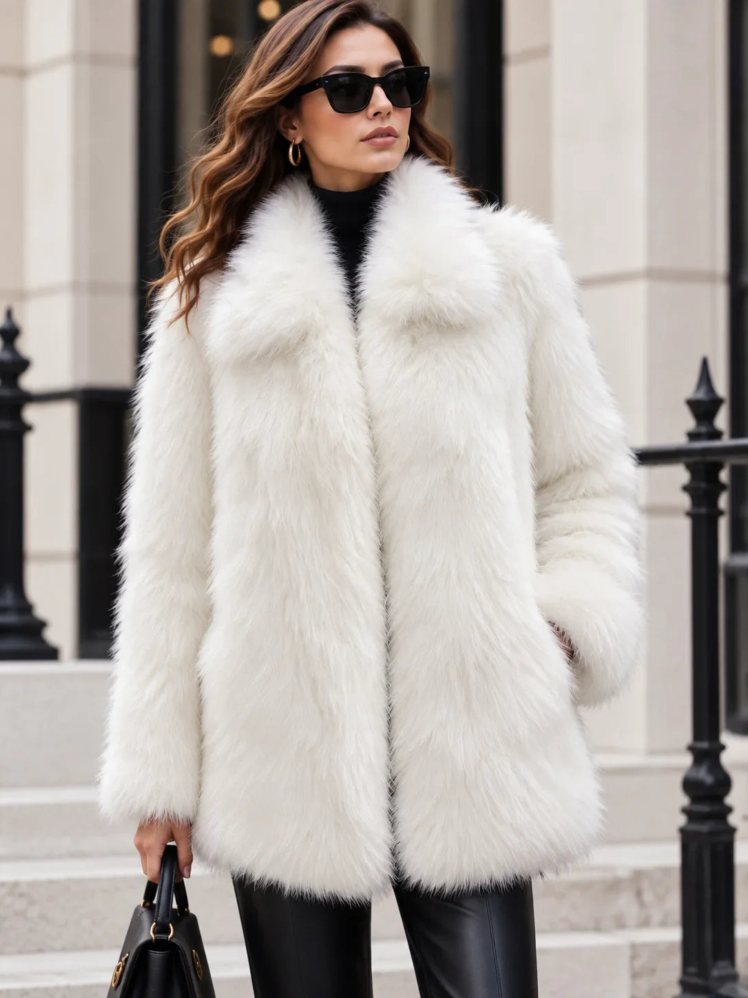 Women's Elegant Faux Fur Lapel Coat With Plush Warmth