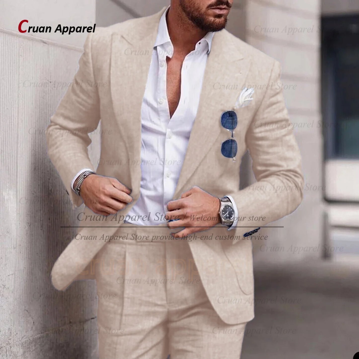 Men's Linen Suit Set With Peaked Lapel Blazer Pants