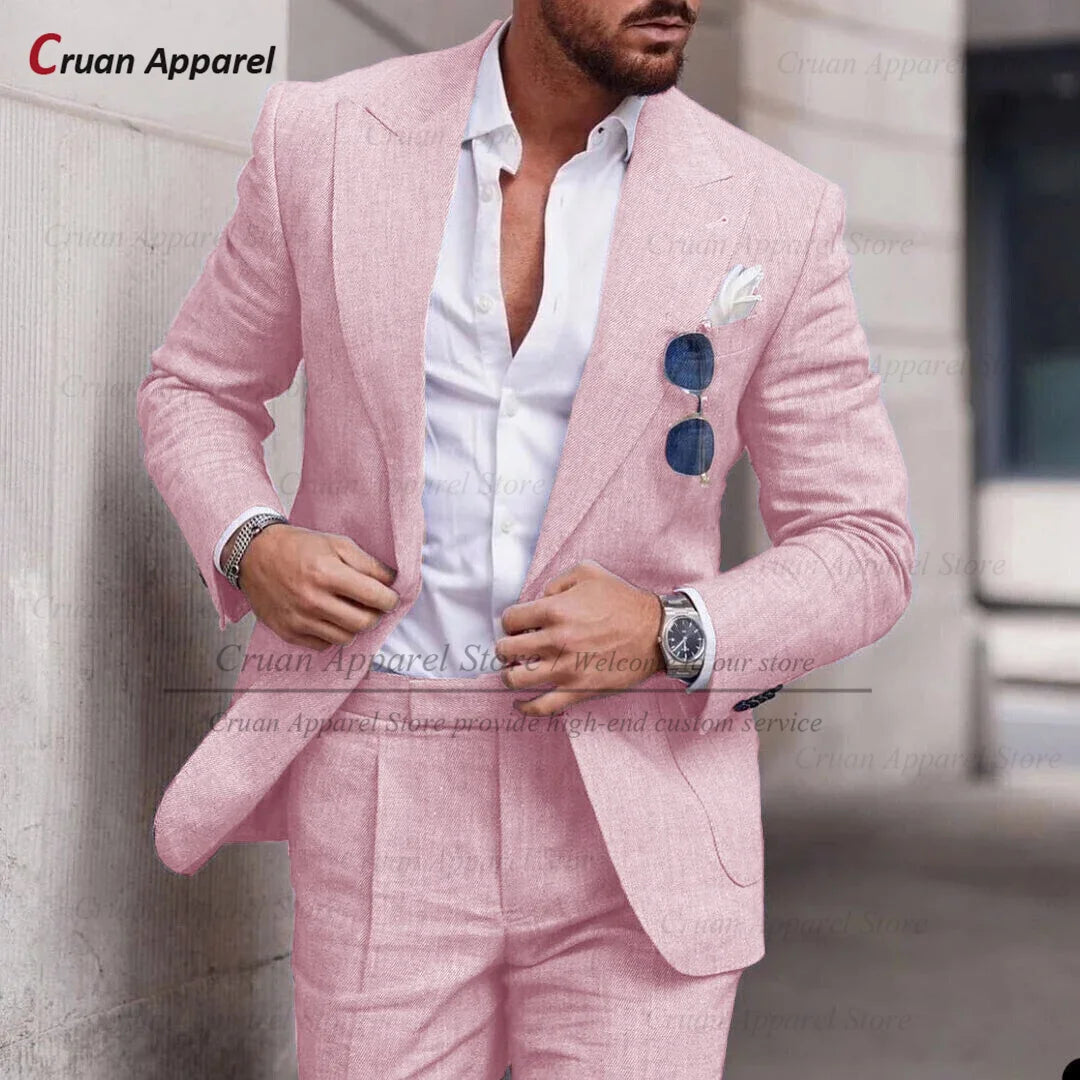 Men's Linen Suit Set With Peaked Lapel Blazer Pants