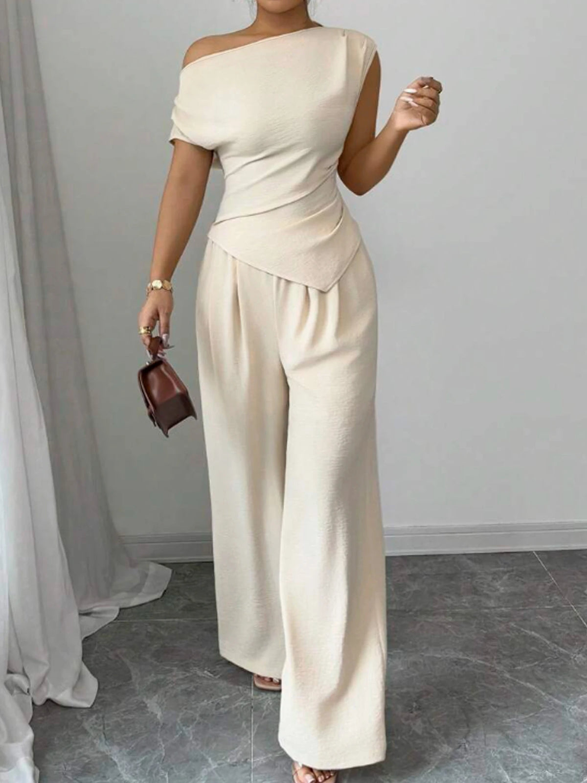 Ladies Asymmetric Top And Wide Leg Pants Two Piece Set