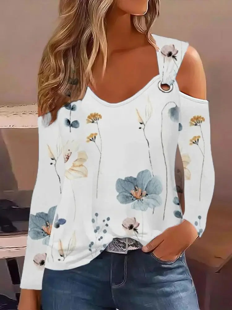 Women Jersey Knit Blouse With Denim Look Print Eyelet