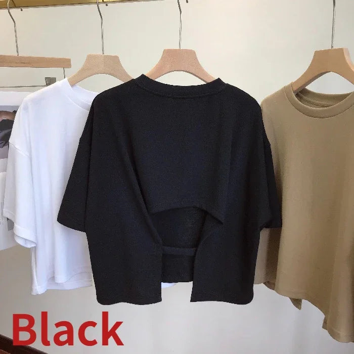 Dawndesslo Backless Summer Crop Top For Women Round Neck Tee